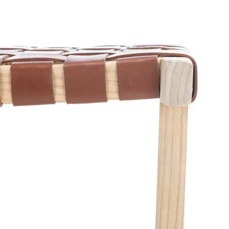 Tabouret de comptoir rectangulaire avec assise en cuir tressé et cadre en bois