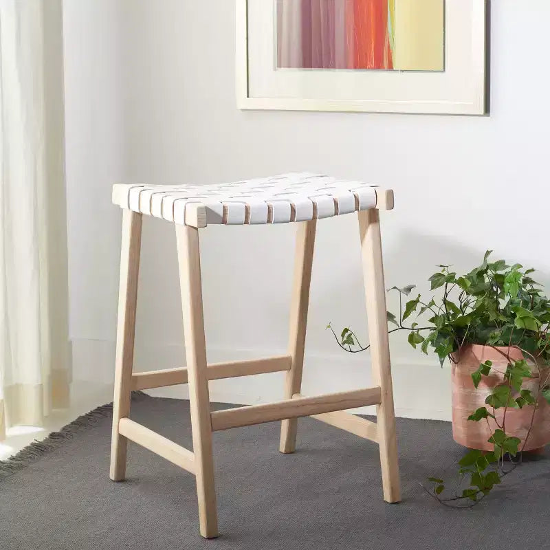 Tabouret de comptoir rectangulaire avec assise en cuir tressé et cadre en bois