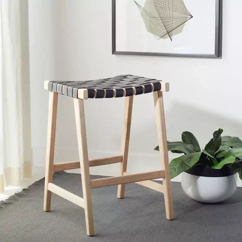 Tabouret de comptoir rectangulaire avec assise en cuir tressé et cadre en bois