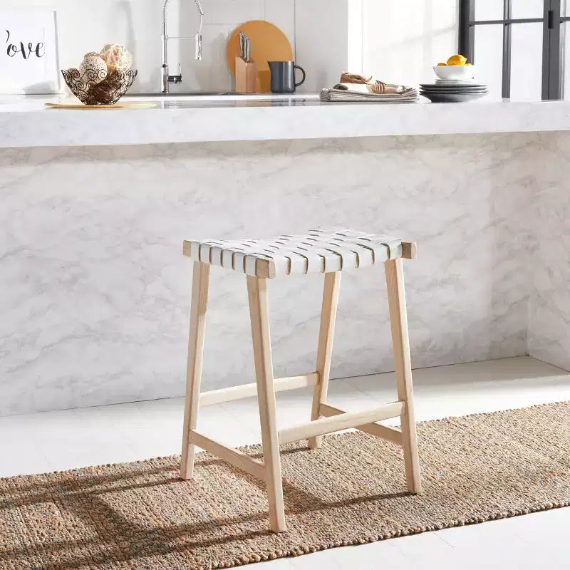 Tabouret de comptoir rectangulaire avec assise en cuir tressé et cadre en bois