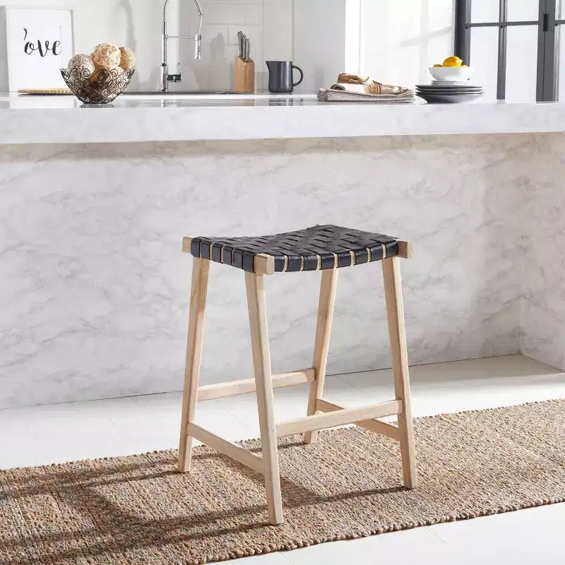Tabouret de comptoir rectangulaire avec assise en cuir tressé et cadre en bois