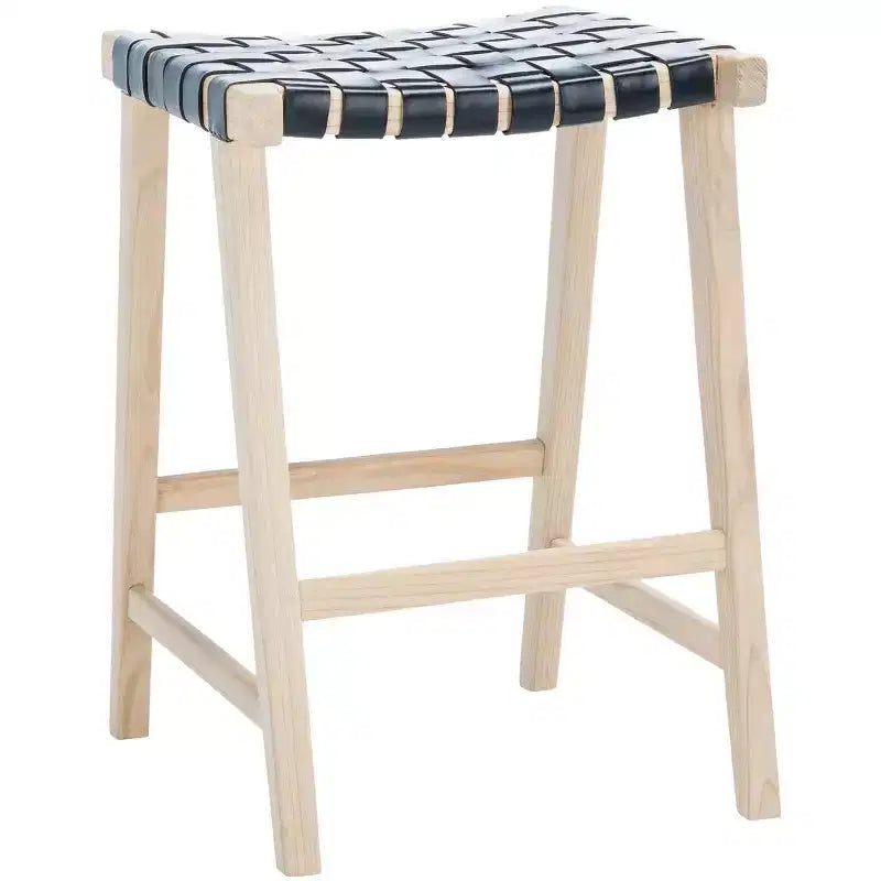 Tabouret de comptoir rectangulaire avec assise en cuir tressé et cadre en bois
