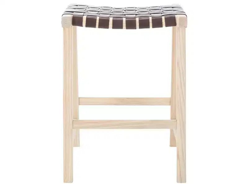 Tabouret de comptoir rectangulaire avec assise en cuir tressé et cadre en bois