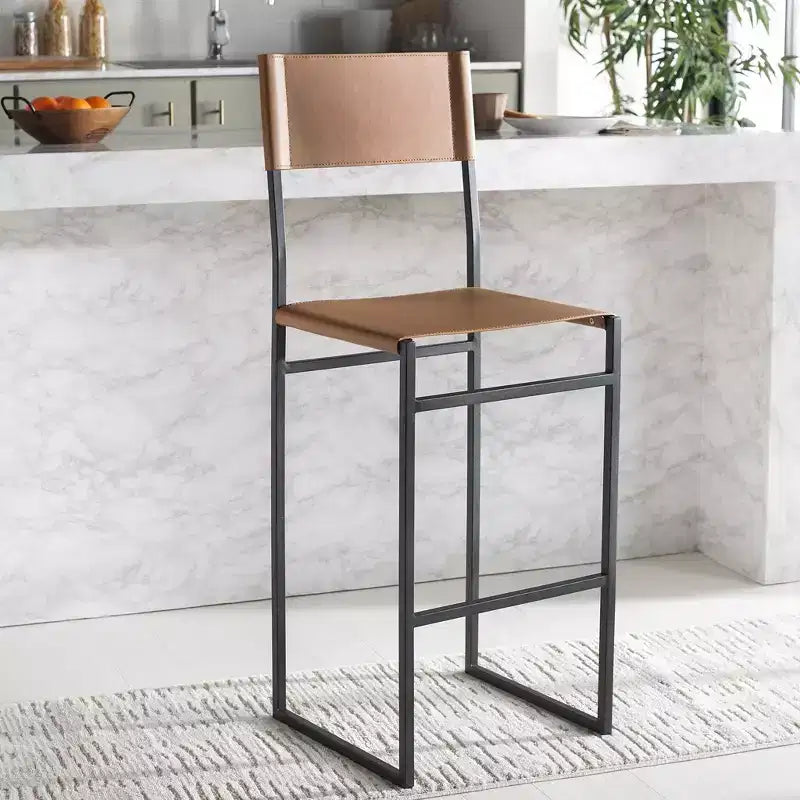 Tabouret de bar moderne – Piétement en fer avec assise en cuir, Gris clair et noir