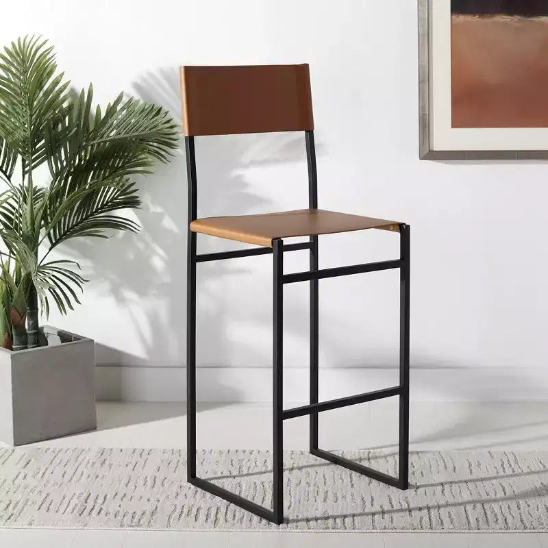 Tabouret de bar moderne – Piétement en fer avec assise en cuir, Gris clair et noir