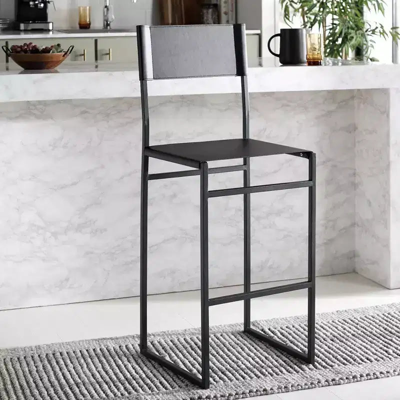Tabouret de bar moderne – Piétement en fer avec assise en cuir, Gris clair et noir