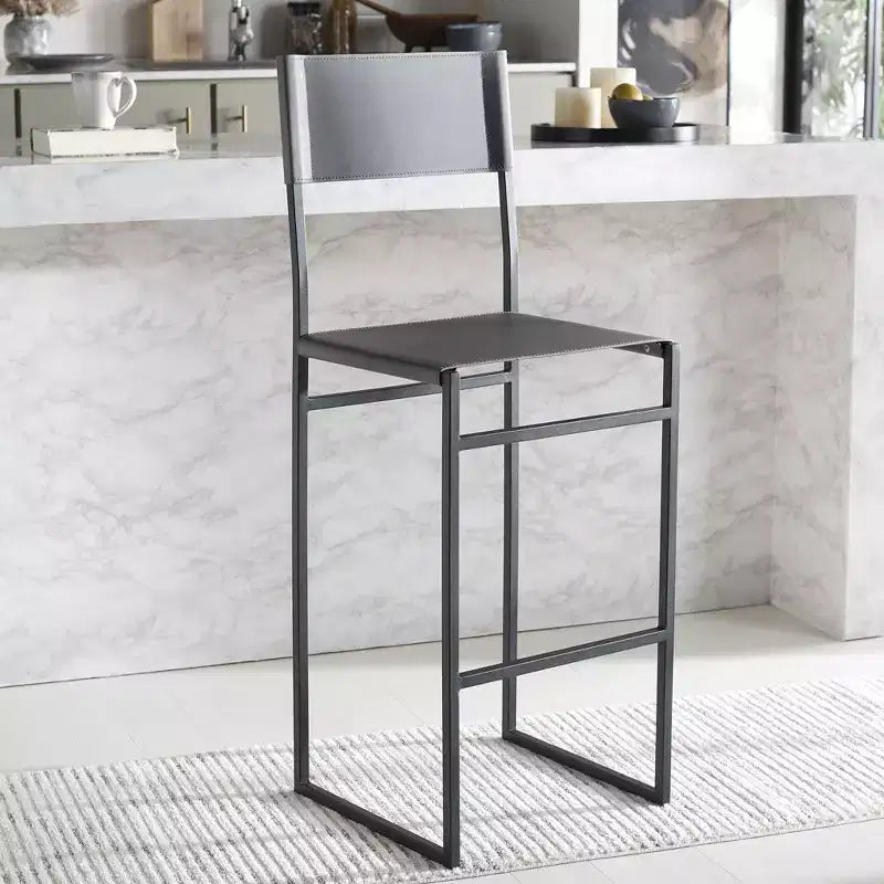 Tabouret de bar moderne – Piétement en fer avec assise en cuir, Gris clair et noir