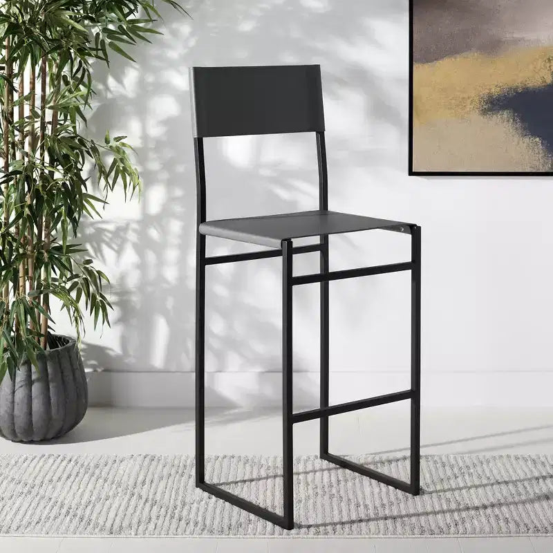 Tabouret de bar moderne – Piétement en fer avec assise en cuir, Gris clair et noir