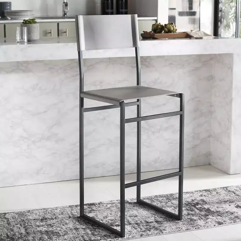 Tabouret de bar moderne – Piétement en fer avec assise en cuir, Gris clair et noir