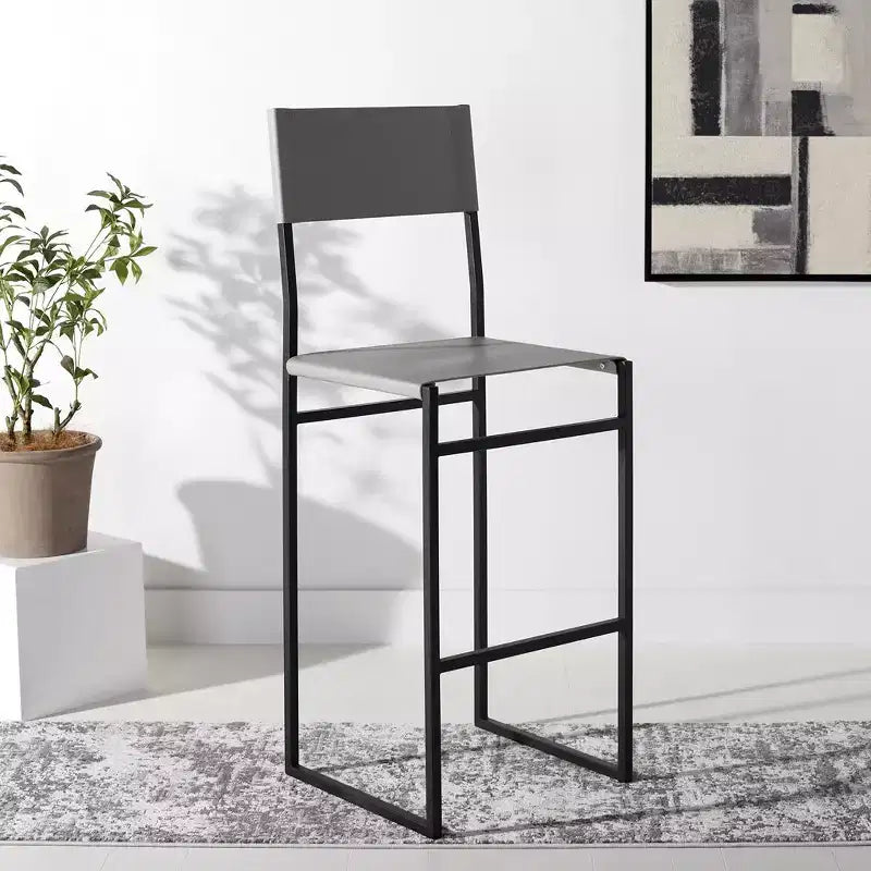 Tabouret de bar moderne – Piétement en fer avec assise en cuir, Gris clair et noir