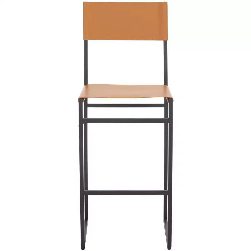 Tabouret de bar moderne – Piétement en fer avec assise en cuir, Gris clair et noir