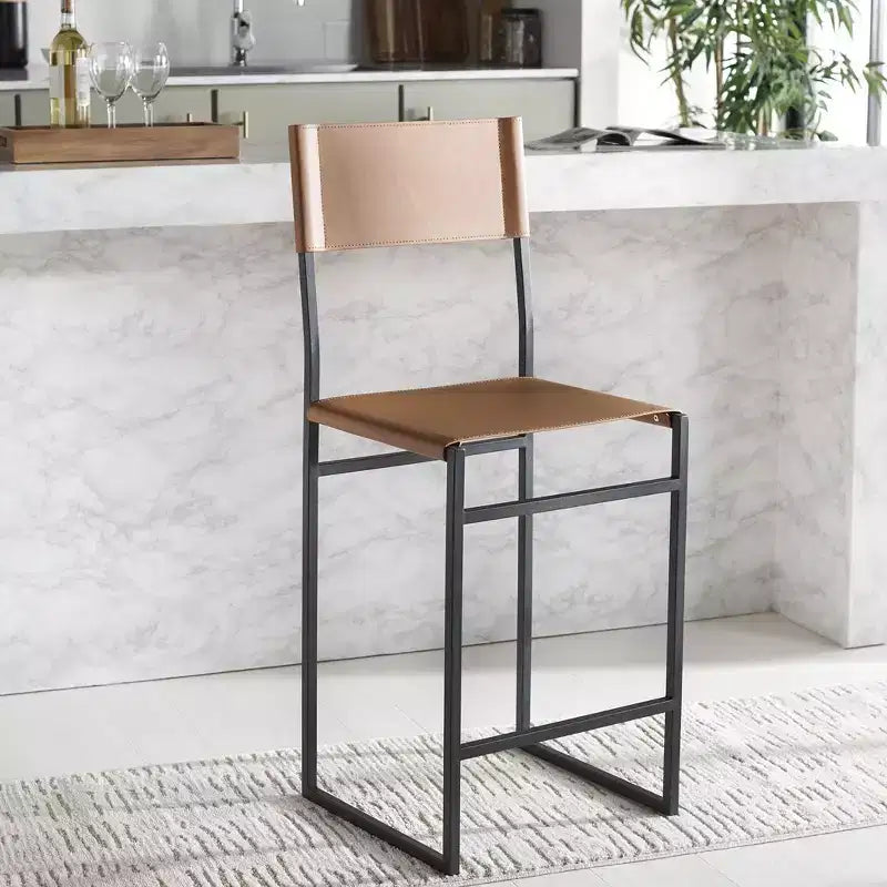 Tabouret de bar moderne – Structure en fer avec assise en cuir, gris clair et noir