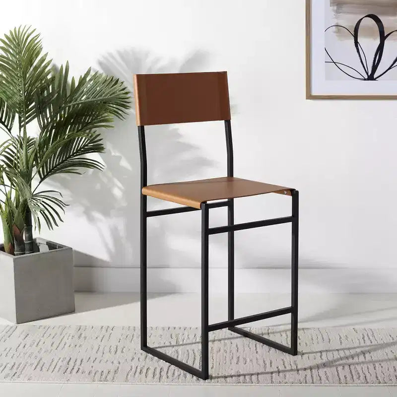 Tabouret de bar moderne – Structure en fer avec assise en cuir, gris clair et noir