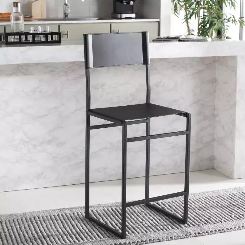 Tabouret de bar moderne – Structure en fer avec assise en cuir, gris clair et noir