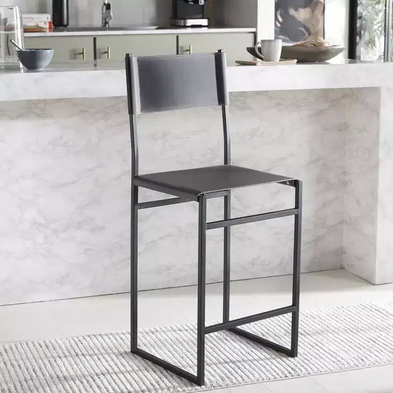 Tabouret de bar moderne – Structure en fer avec assise en cuir, gris clair et noir