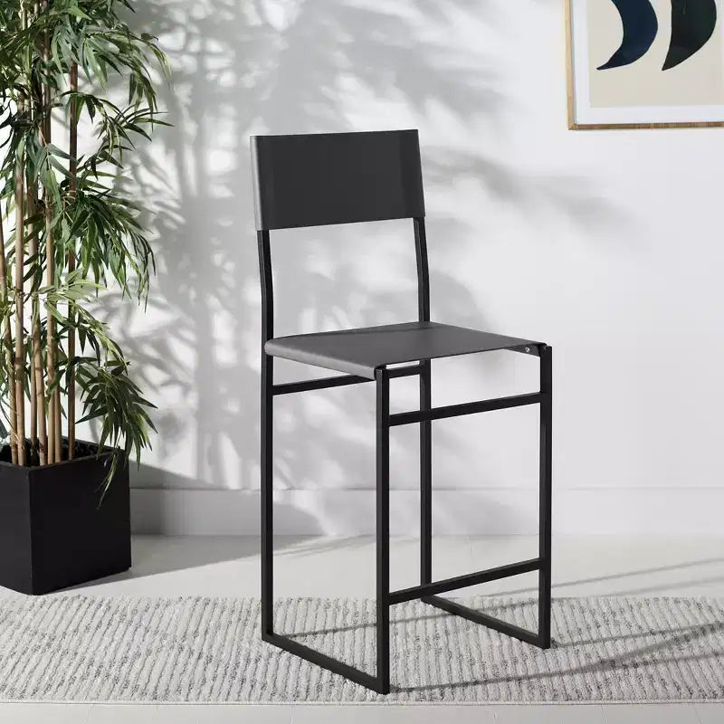 Tabouret de bar moderne – Structure en fer avec assise en cuir, gris clair et noir