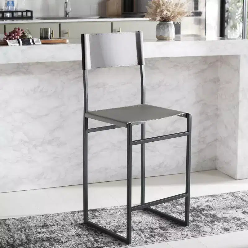Tabouret de bar moderne – Structure en fer avec assise en cuir, gris clair et noir