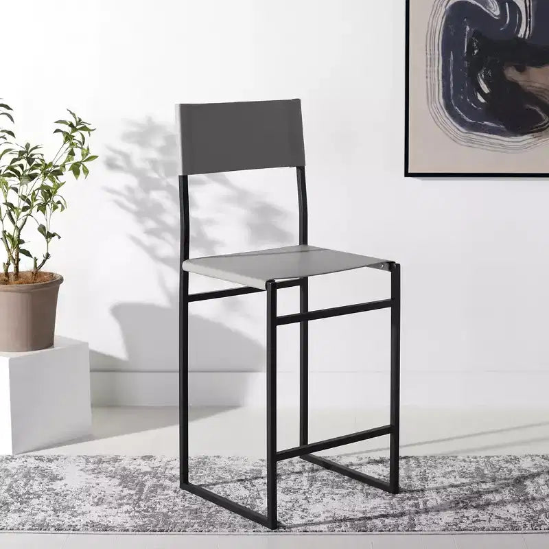 Tabouret de bar moderne – Structure en fer avec assise en cuir, gris clair et noir