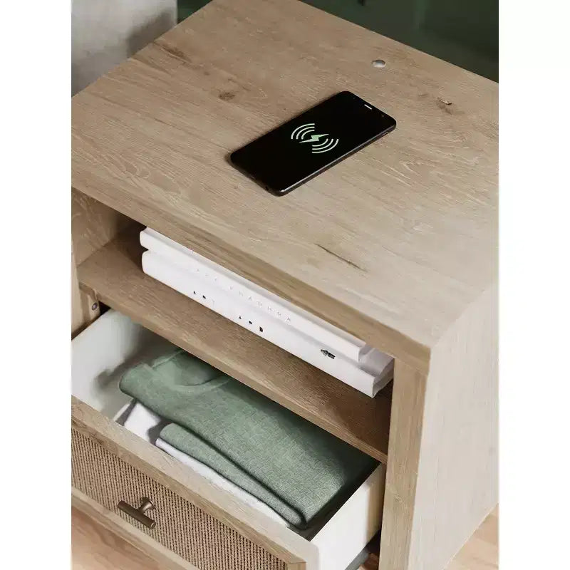 Table de chevet moderne avec USB et recharge sans fil – Deux tons de marron