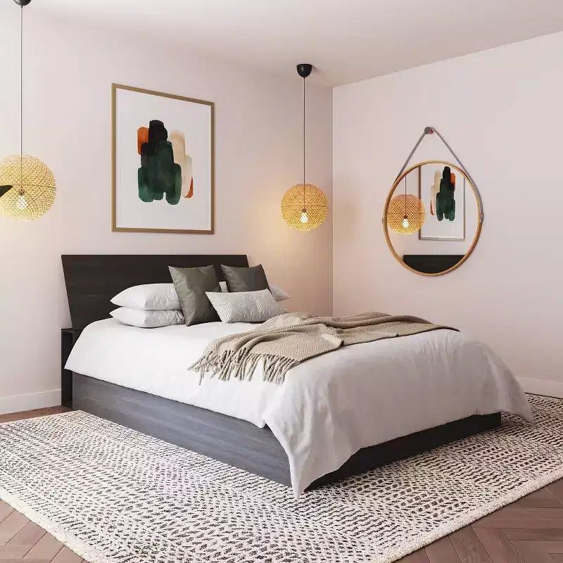 Tête de lit pleine grandeur avec rangement latéral et fini en faux bois