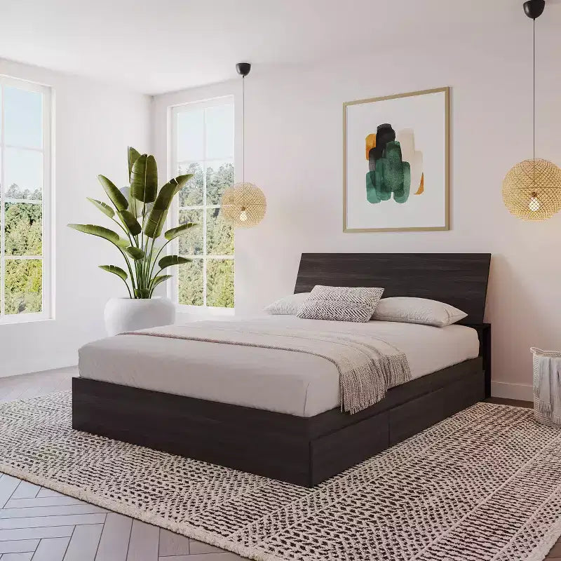 Tête de lit pleine grandeur avec rangement latéral et fini en faux bois