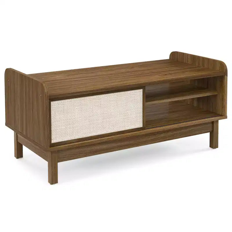 Table basse moderne du milieu du siècle avec portes coulissantes en rotin et étagère réglable