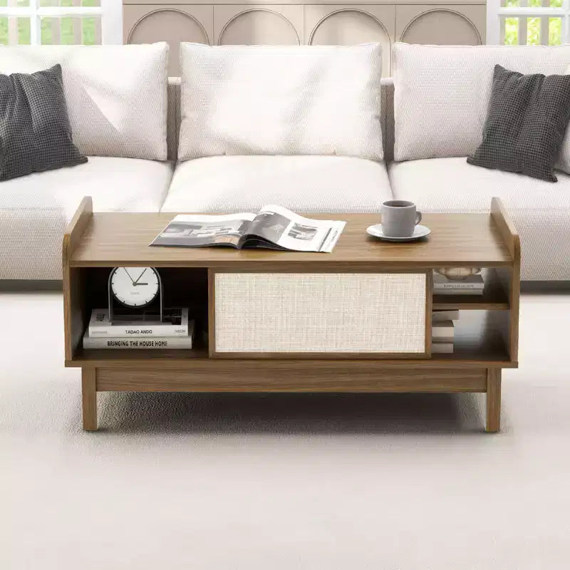 Mid Century Modern Coffee Table with Rattan Sliding Doors and Adjustable Shelf