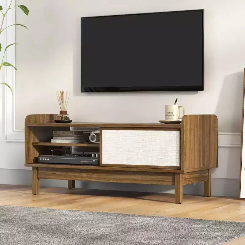 Table basse moderne du milieu du siècle avec portes coulissantes en rotin et étagère réglable