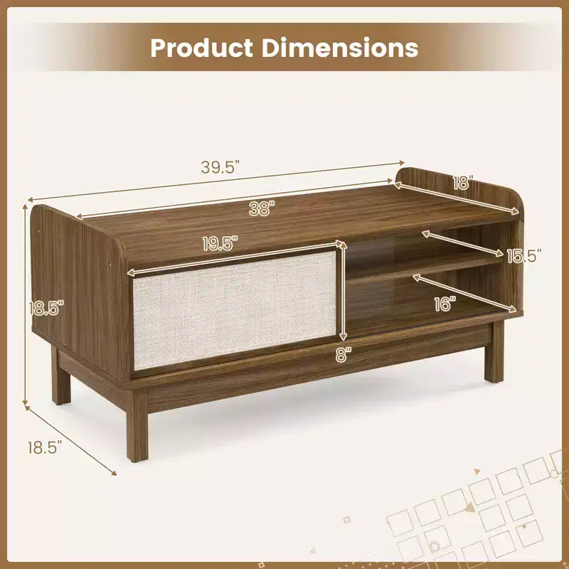 Table basse moderne du milieu du siècle avec portes coulissantes en rotin et étagère réglable