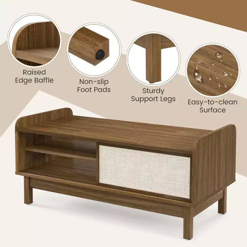 Table basse moderne du milieu du siècle avec portes coulissantes en rotin et étagère réglable