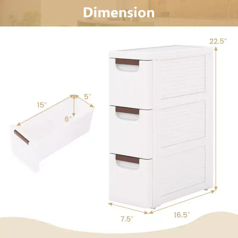 Meuble de rangement étroit à roulettes à 3 tiroirs avec poignées et roulettes intégrées