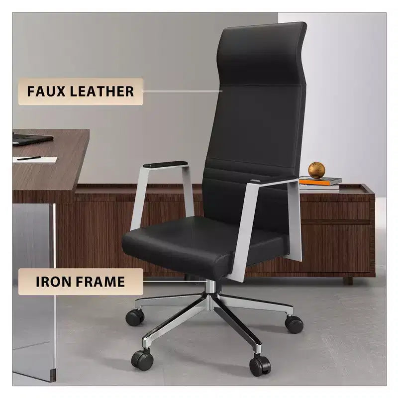 Fauteuil de bureau ergonomique en cuir à dossier haut – Pivotant et inclinable, Fauteuil de direction réglable