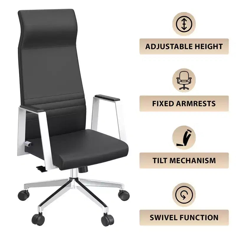 Fauteuil de bureau ergonomique en cuir à dossier haut – Pivotant et inclinable, Fauteuil de direction réglable