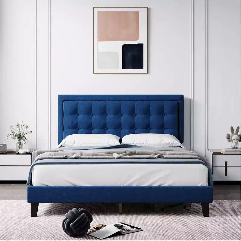Wood Slat Support Bed Frame with Adjustable Height Headboard – Button Tufted Upholstered