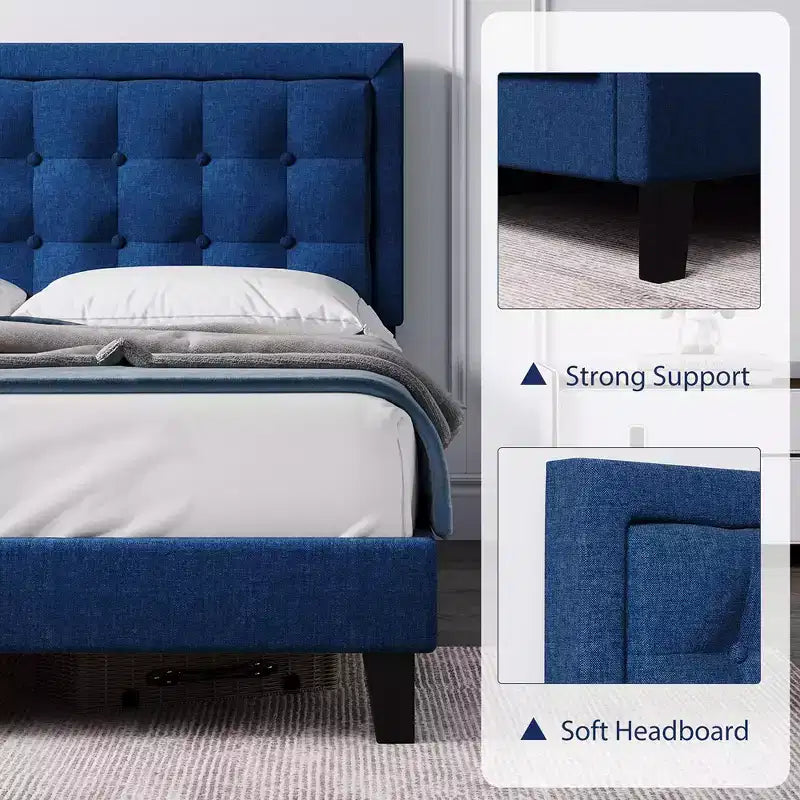 Wood Slat Support Bed Frame with Adjustable Height Headboard – Button Tufted Upholstered