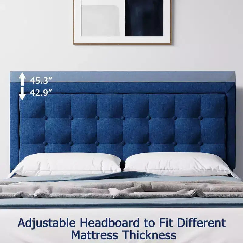 Wood Slat Support Bed Frame with Adjustable Height Headboard – Button Tufted Upholstered