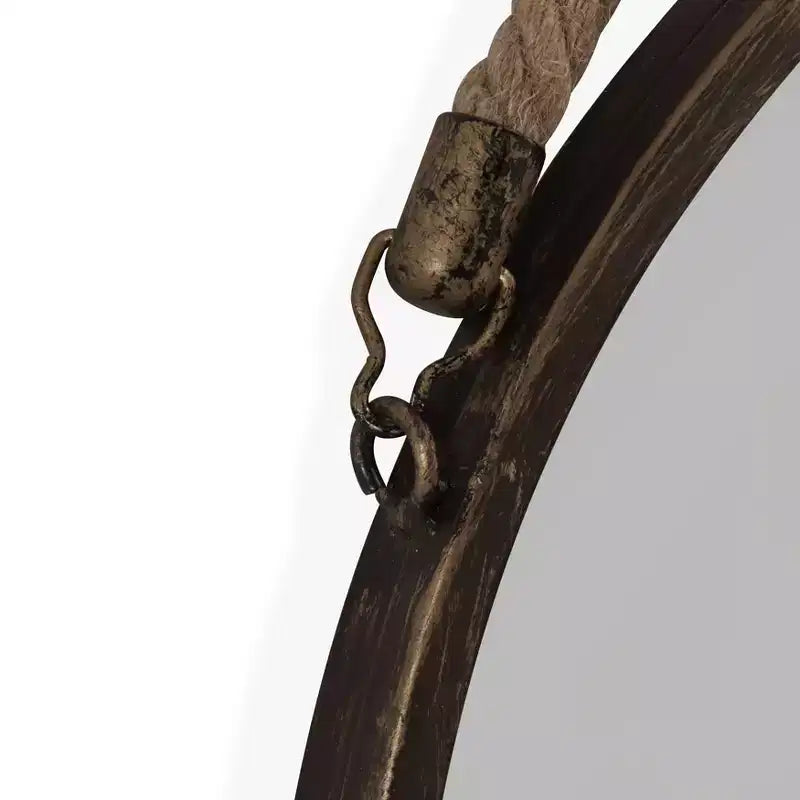 Miroir rond de 38 cm avec patine dorée et corde de suspension