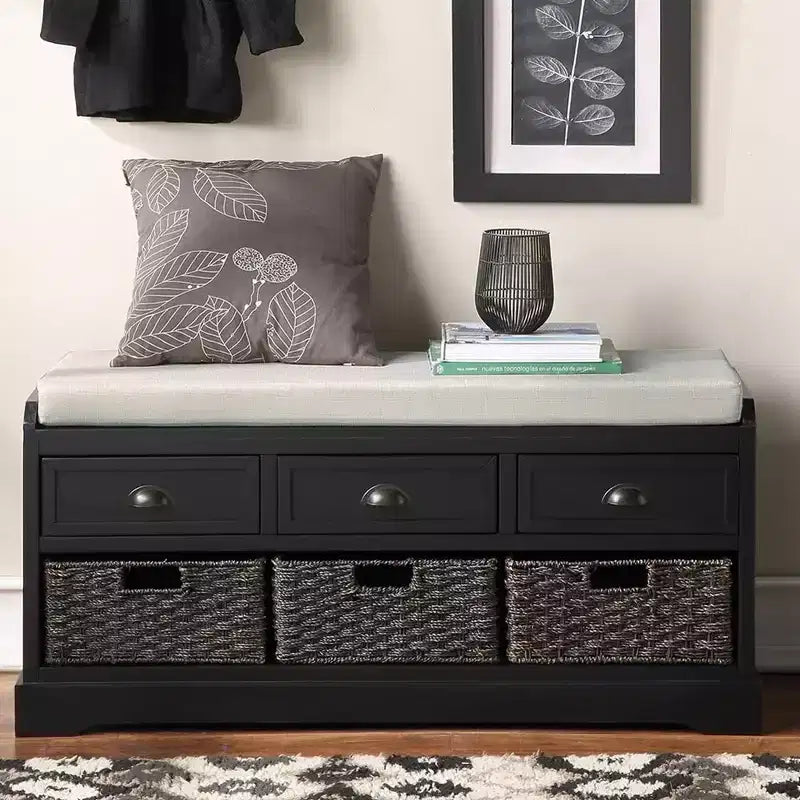 Banc de rangement en bois avec 3 tiroirs, 3 paniers et coussin – Entrée et couloir