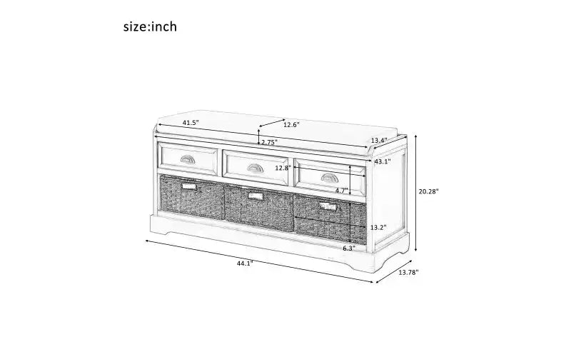 Banc de rangement en bois avec 3 tiroirs, 3 paniers et coussin – Entrée et couloir