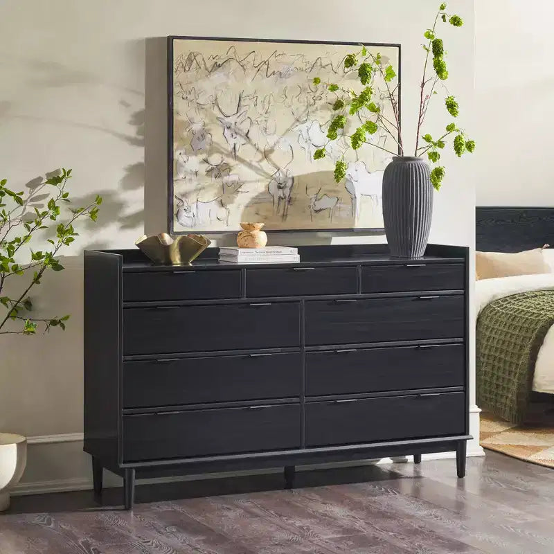 Commode horizontale en bois massif à 9 tiroirs de style Mid-Century Modern