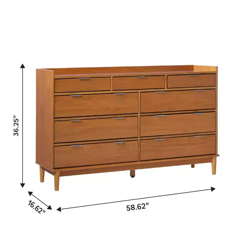 Commode horizontale en bois massif à 9 tiroirs de style Mid-Century Modern