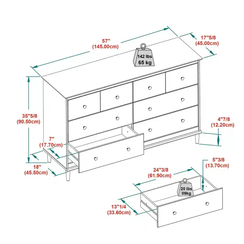 Commode horizontale à 6 tiroirs style Mid-century moderne