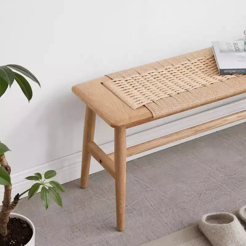 Banc de salle à manger en bois de chêne massif avec design rustique tressé à la main