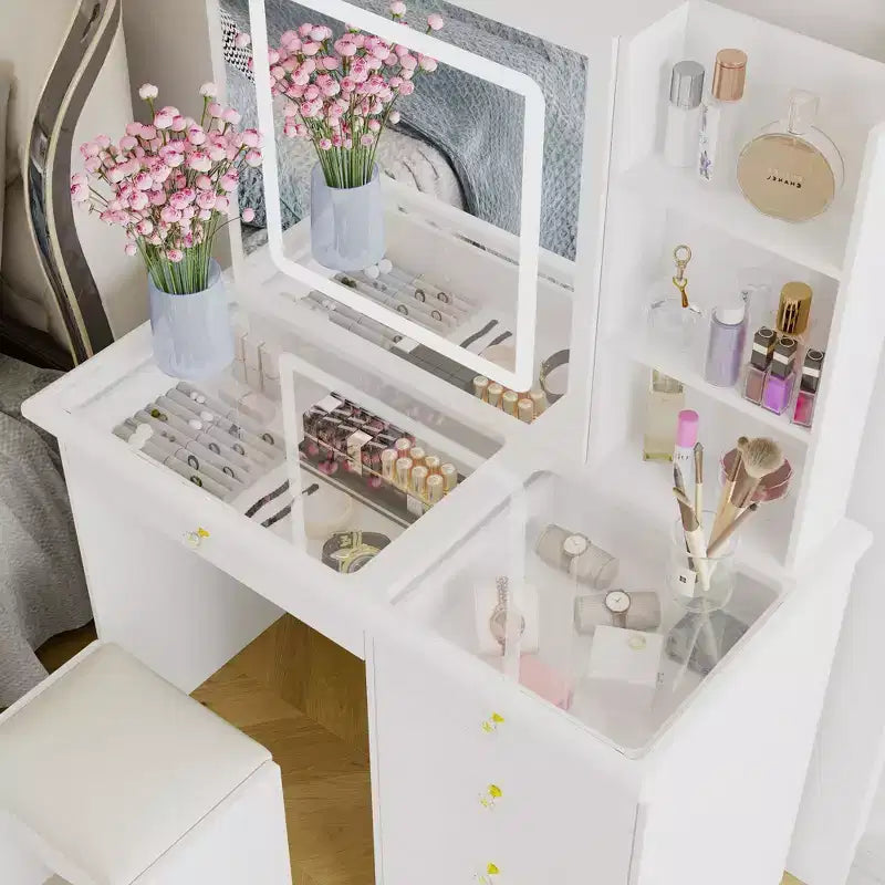Coiffeuse blanche avec éclairage d'appoint en cristal, miroir coulissant et plateau en verre