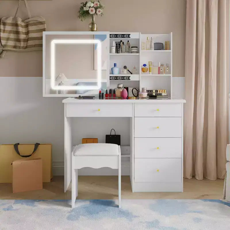 Coiffeuse blanche avec éclairage d'appoint en cristal, miroir coulissant et plateau en verre