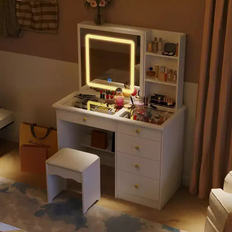 Coiffeuse blanche avec éclairage d'appoint en cristal, miroir coulissant et plateau en verre