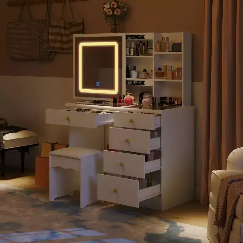 Coiffeuse blanche avec éclairage d'appoint en cristal, miroir coulissant et plateau en verre