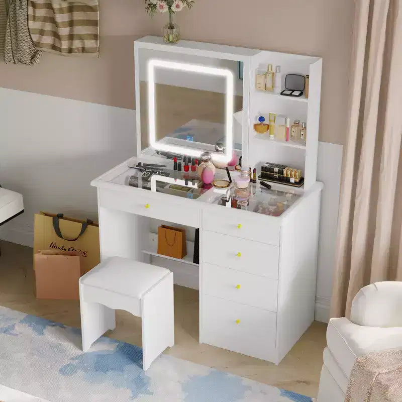Coiffeuse blanche avec éclairage d'appoint en cristal, miroir coulissant et plateau en verre