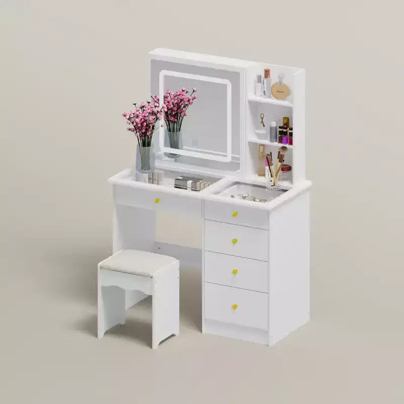 Coiffeuse blanche avec éclairage d'appoint en cristal, miroir coulissant et plateau en verre