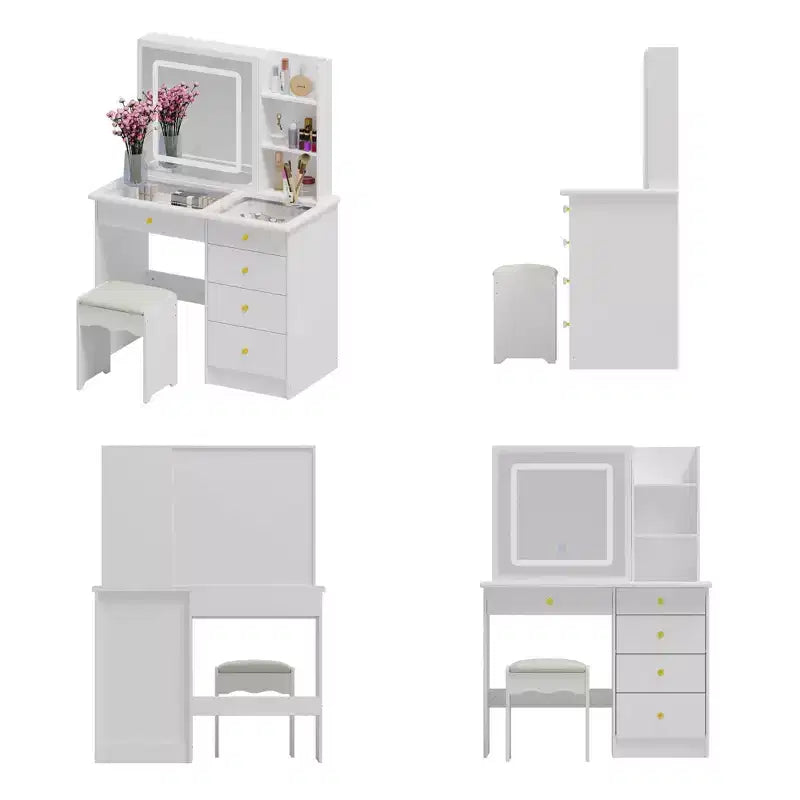 Coiffeuse blanche avec éclairage d'appoint en cristal, miroir coulissant et plateau en verre